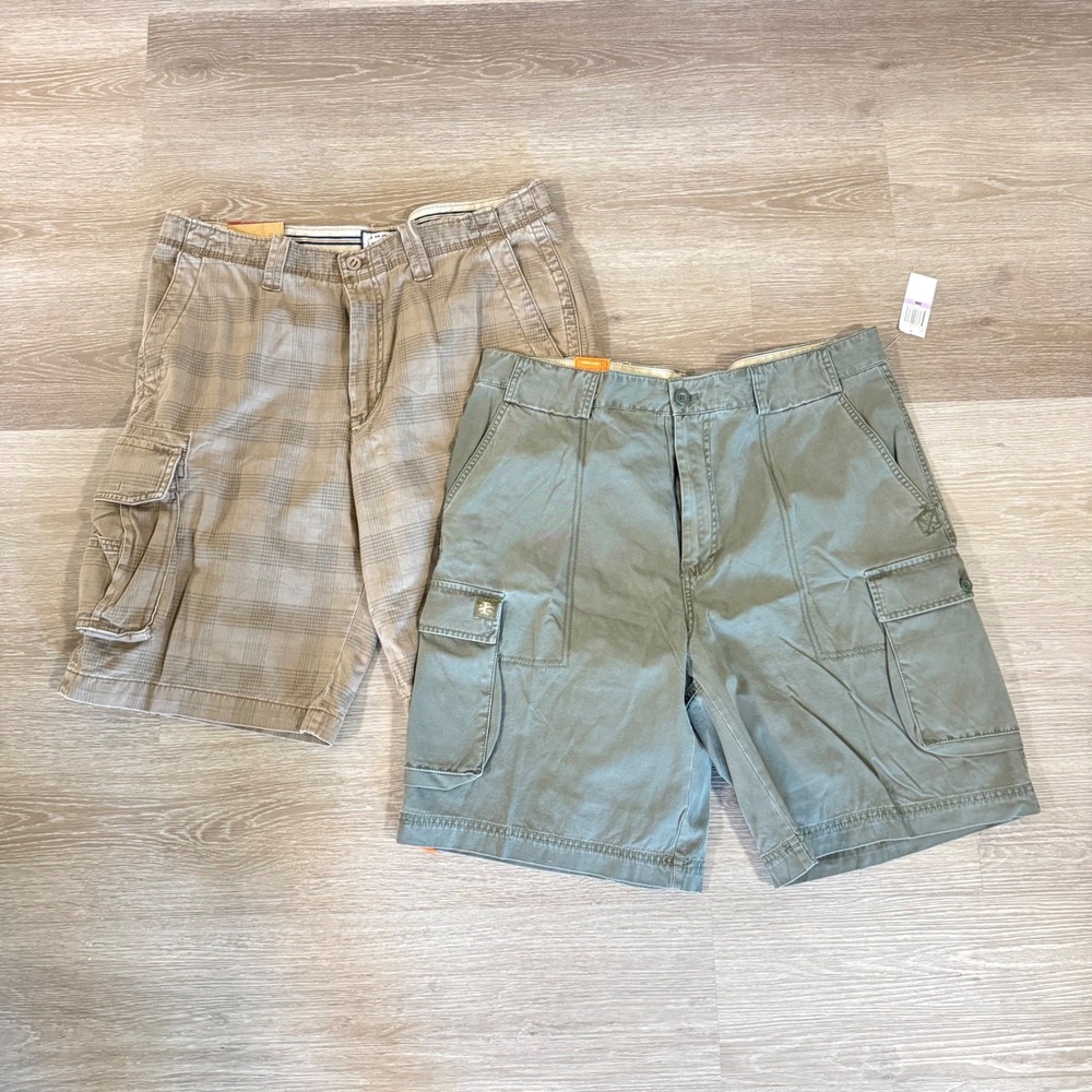 IZOD Cargo Shorts Mens 38 Green Brown Plaid Lot of 2 Cotton Casual Outdoors